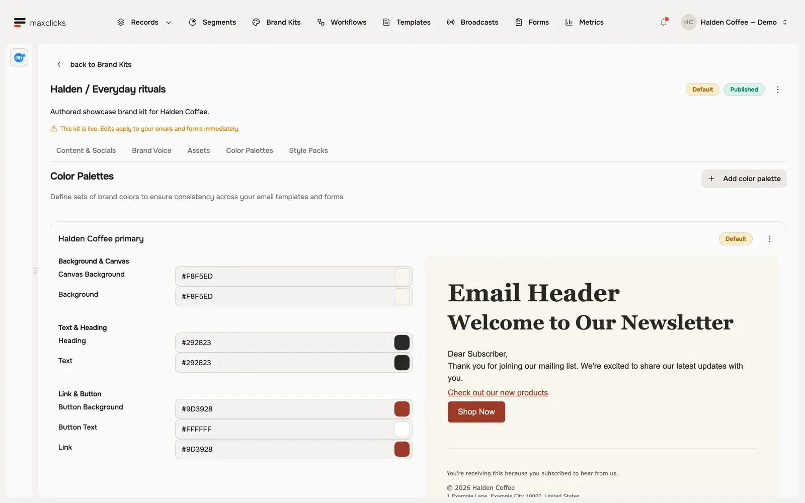 Halden color palette controls beside the brand preview