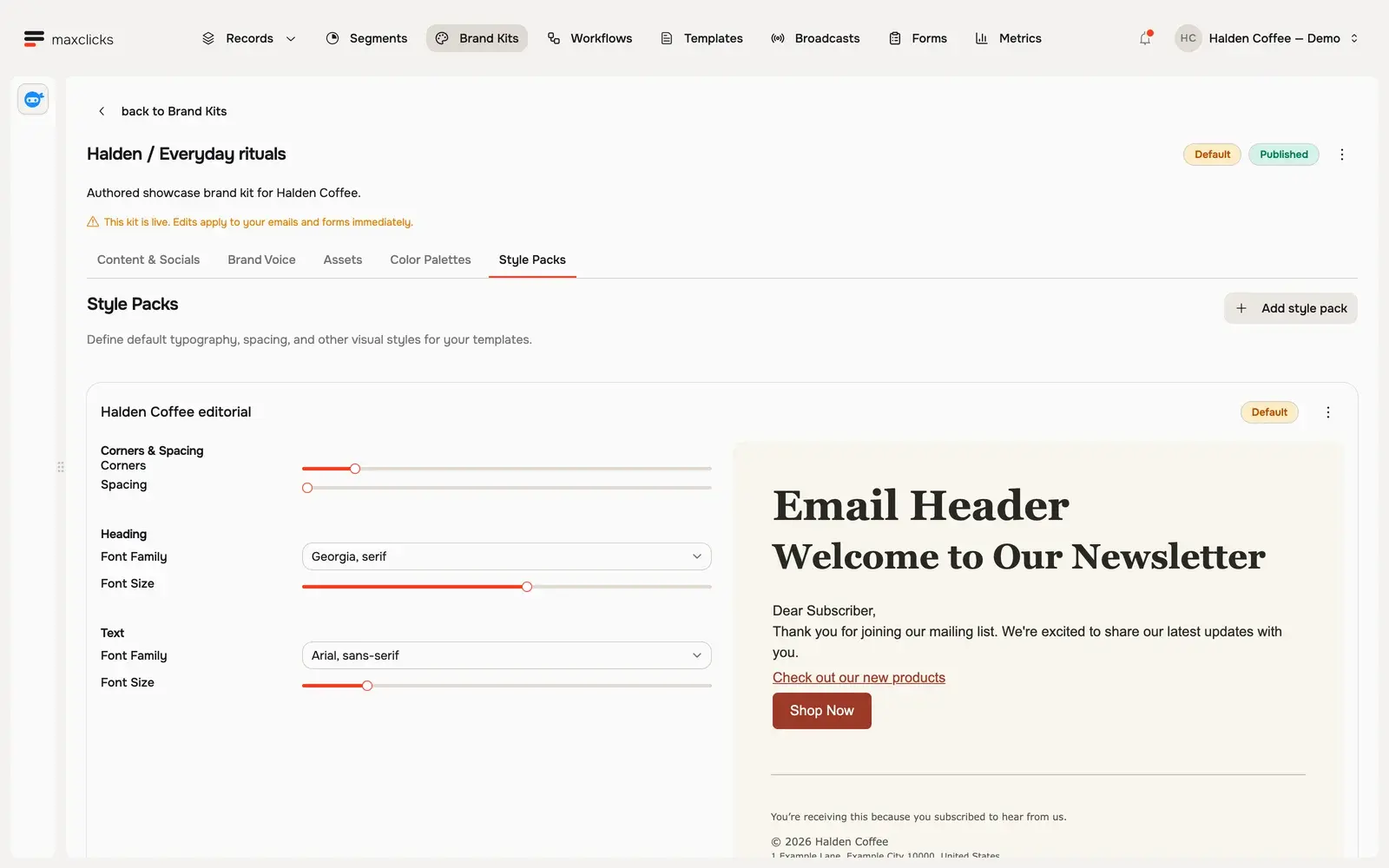 Halden brand Style Packs with Georgia headings, Arial body text and a real style sample