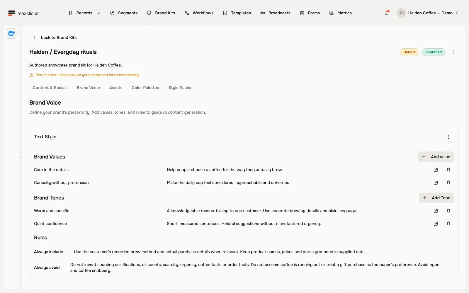 Halden brand voice settings showing values, tones and rules grounded in recorded customer data