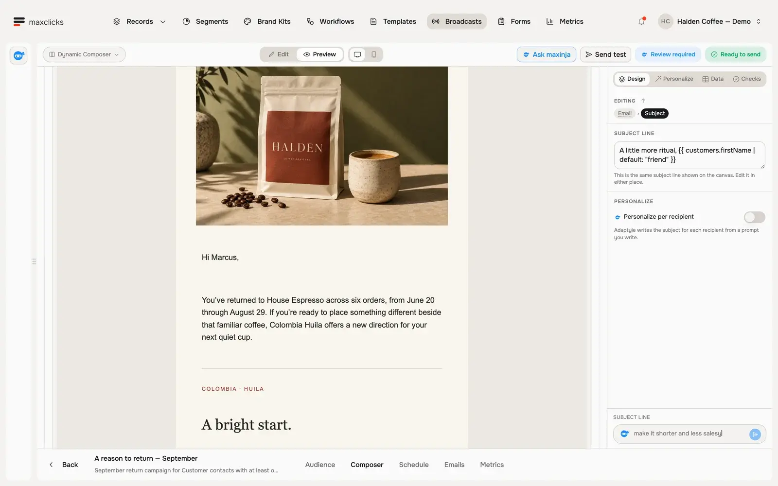 Halden broadcast composer showing Marcus’s generated email and its espresso purchase context