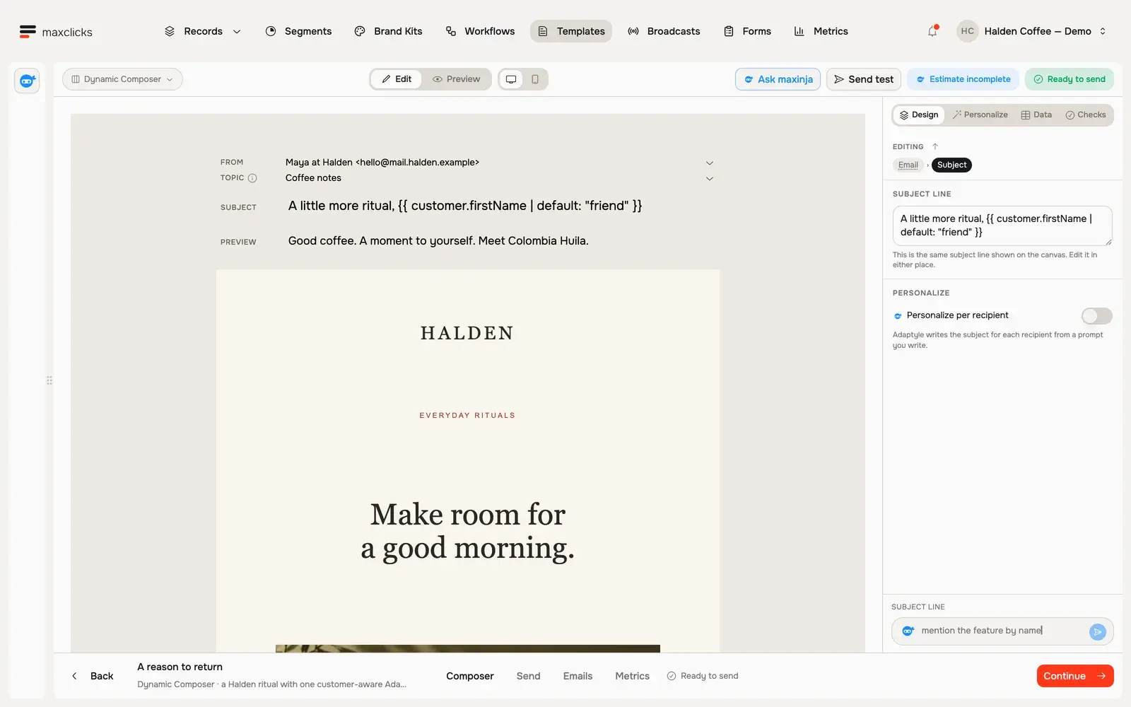 Dynamic Composer with the Halden email layout and subject-line design controls