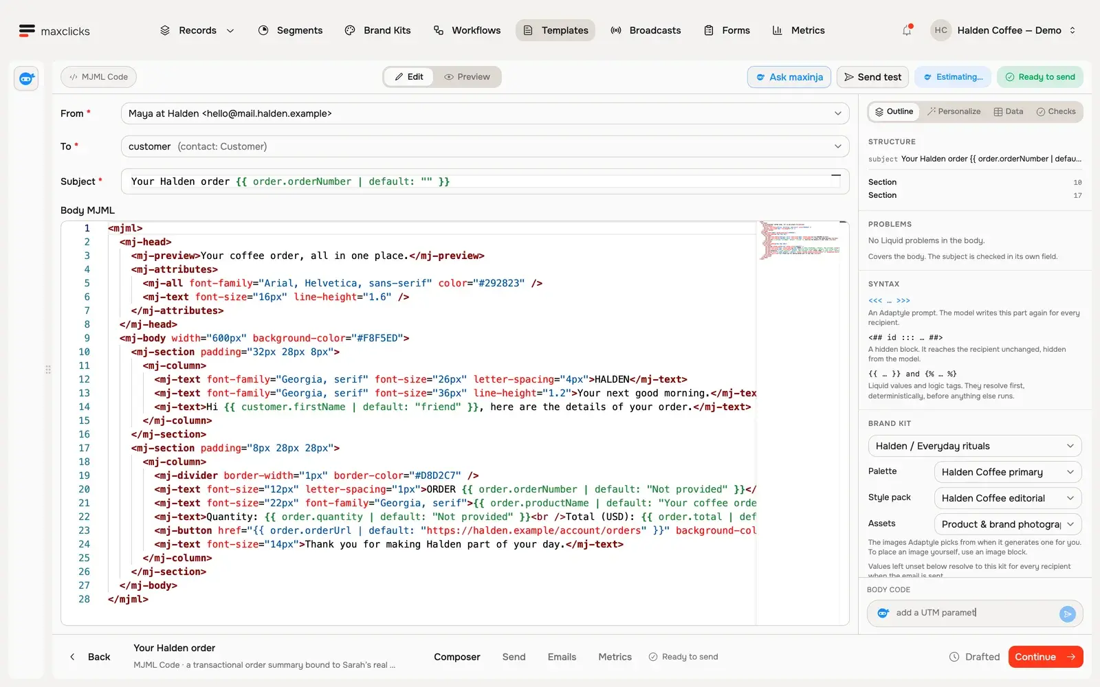 MJML Code editor showing the Halden order template with Liquid fallbacks and no body Liquid problems