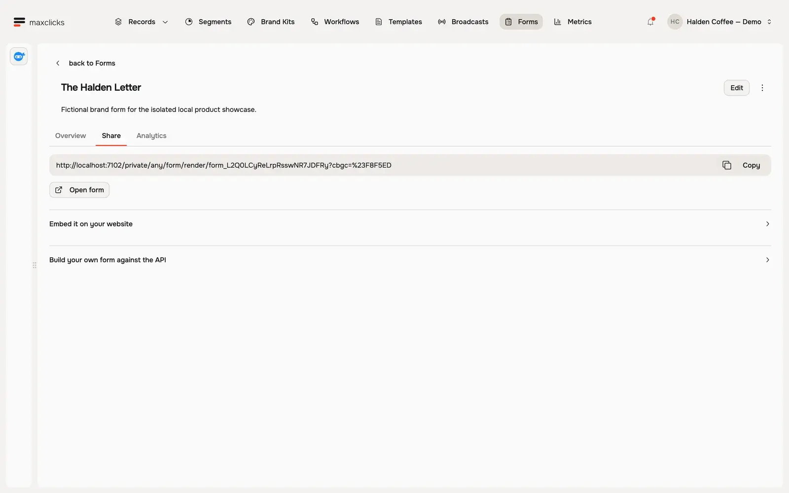 Share tab for the locally published Halden Letter form with hosted link and expandable embed and API sections