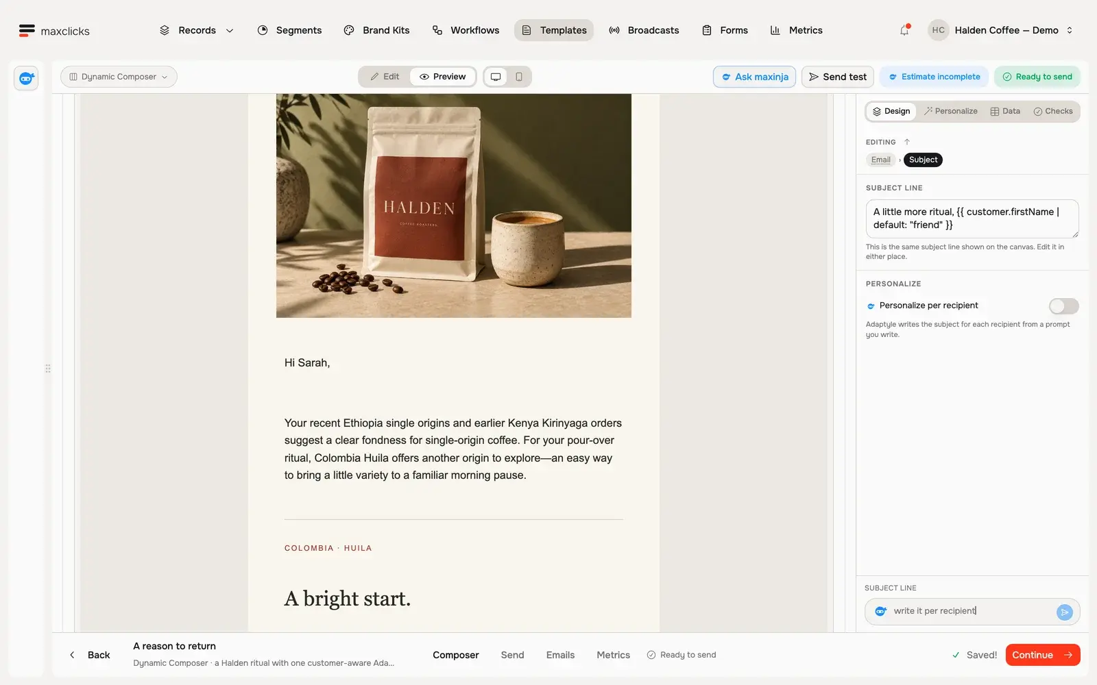 Actual generated Halden preview for Sarah showing a pour-over and single-origin introduction