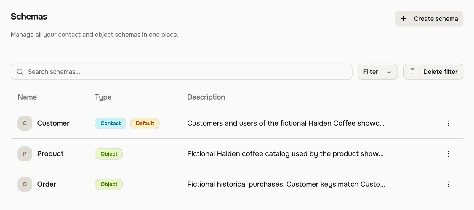 Halden schema settings listing Customer as the default contact schema and Product and Order as object schemas
