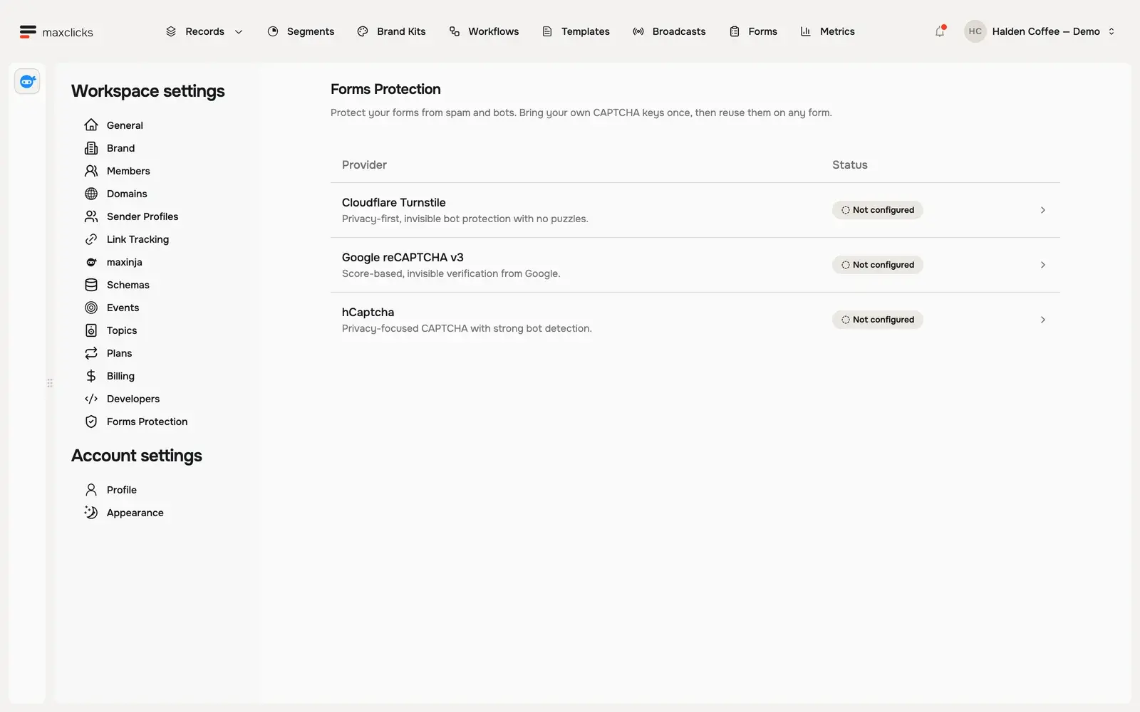Forms Protection settings with Cloudflare Turnstile, Google reCAPTCHA v3 and hCaptcha unconfigured
