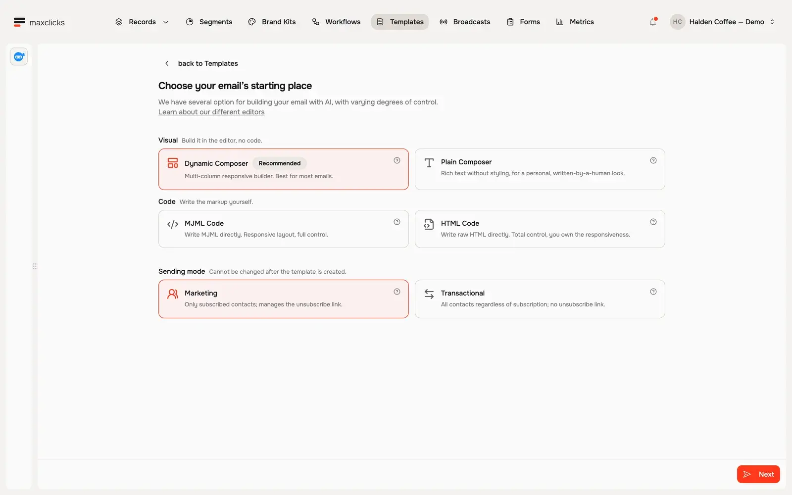Marketing and Transactional choices under the four email editor options