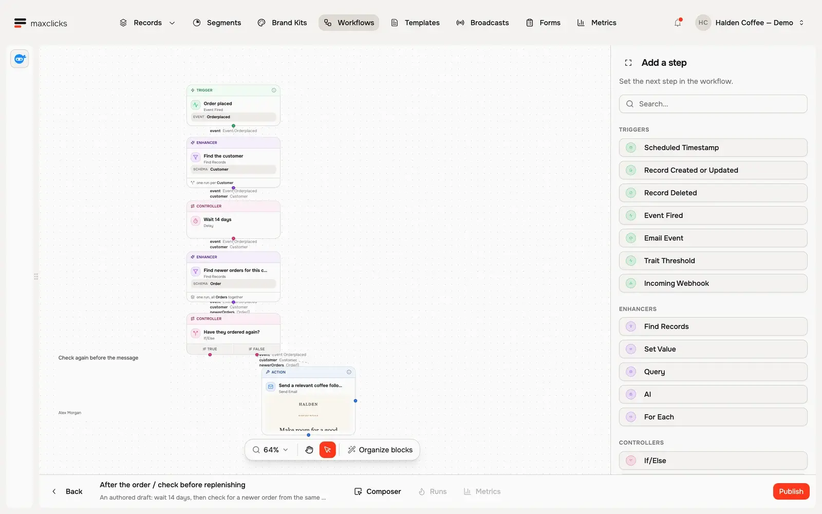 Halden draft workflow from order event through a fourteen-day wait, newer-order query, branch and email step