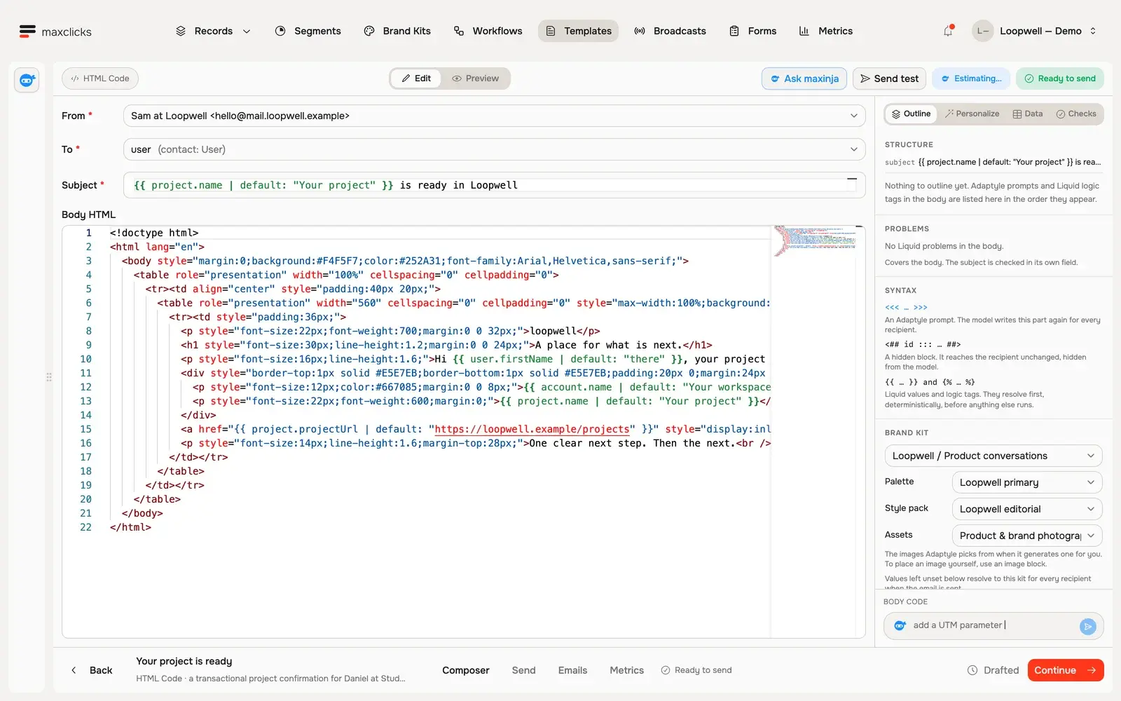 HTML Code editor showing the Loopwell project template with Liquid fallbacks for the user, account and project