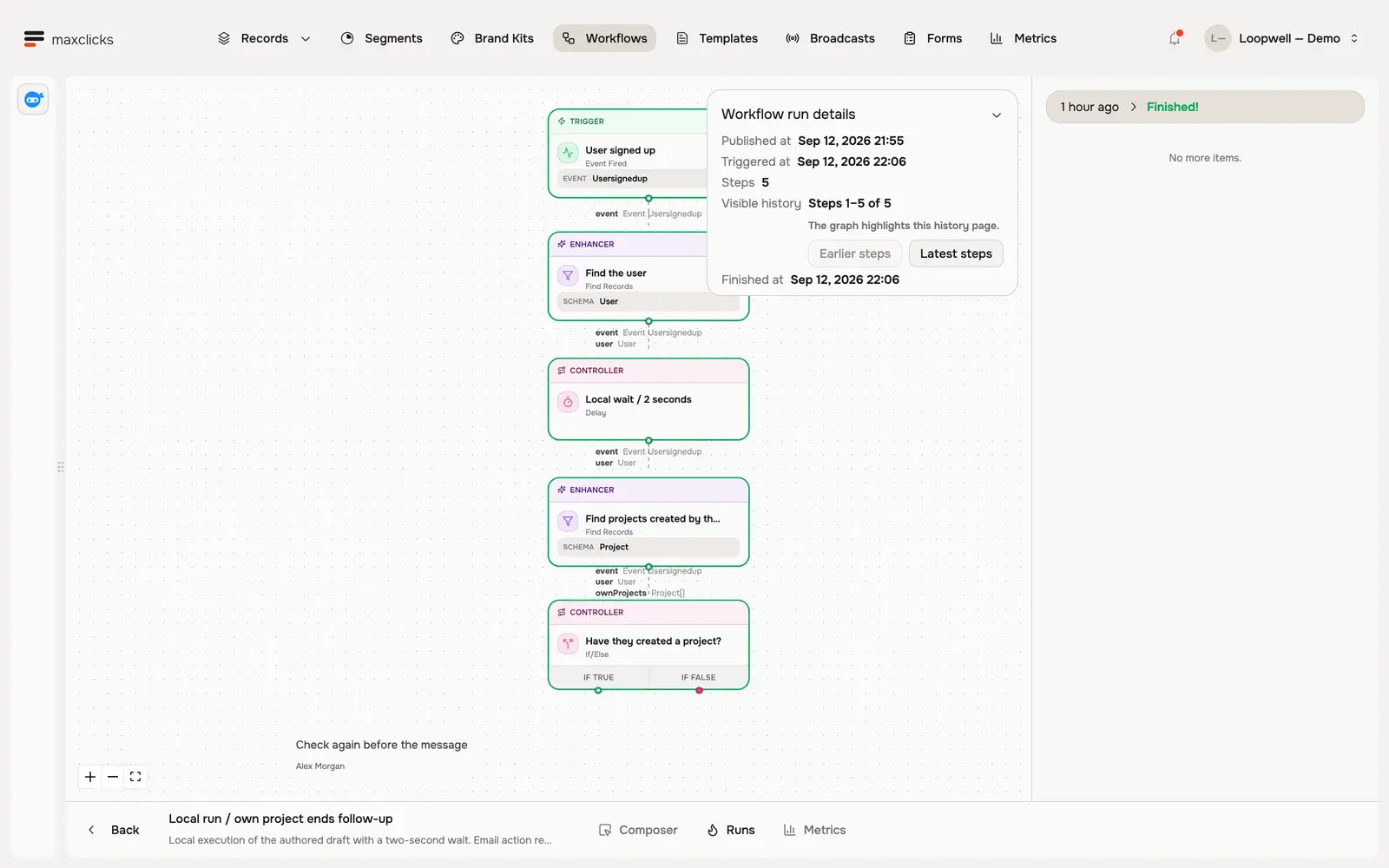 Completed Loopwell local workflow run with five recorded steps and a check for the user’s own projects