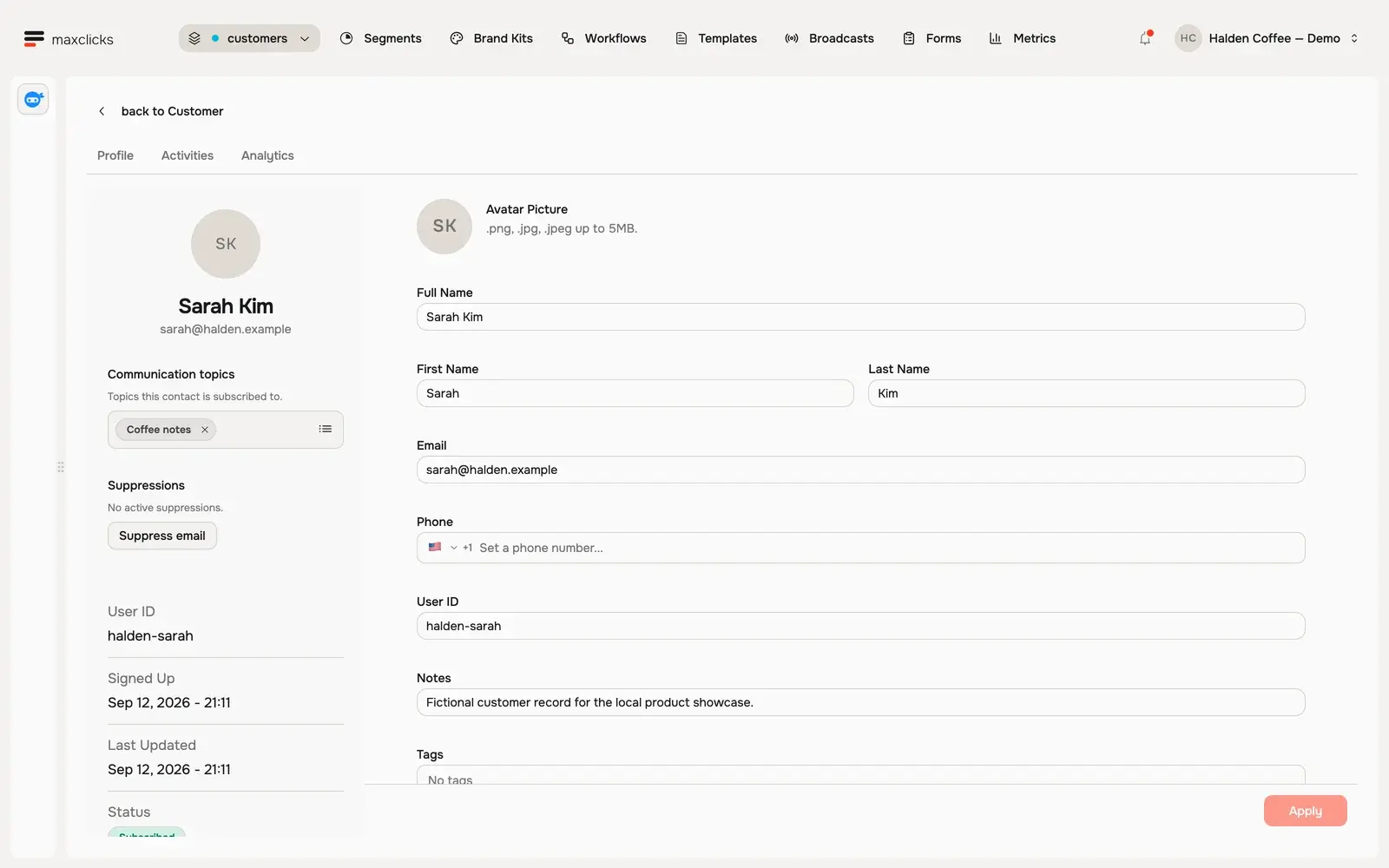 Sarah Kim contact profile with editable identity fields, communication topics and suppression controls