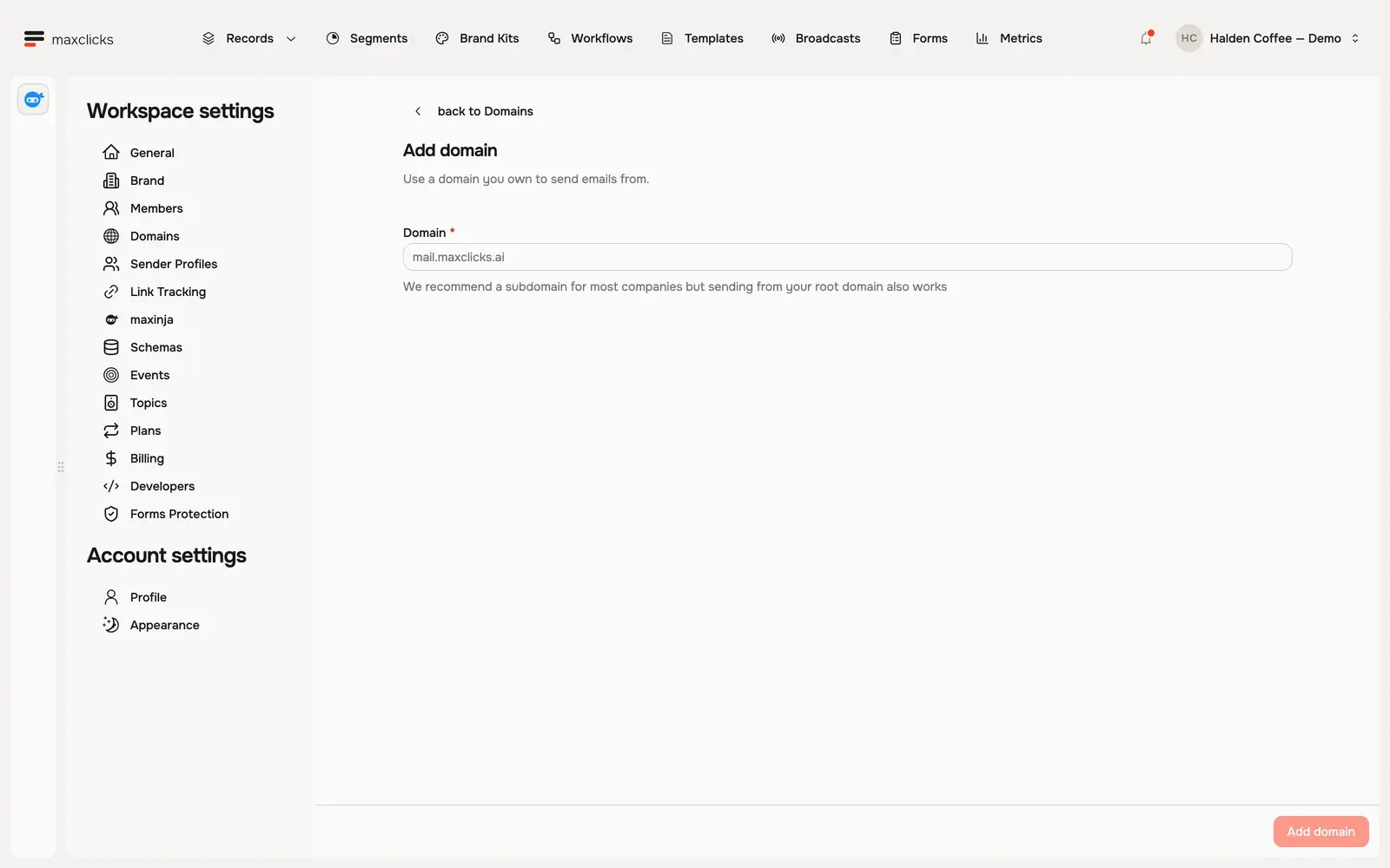 Add domain screen with domain field and subdomain guidance