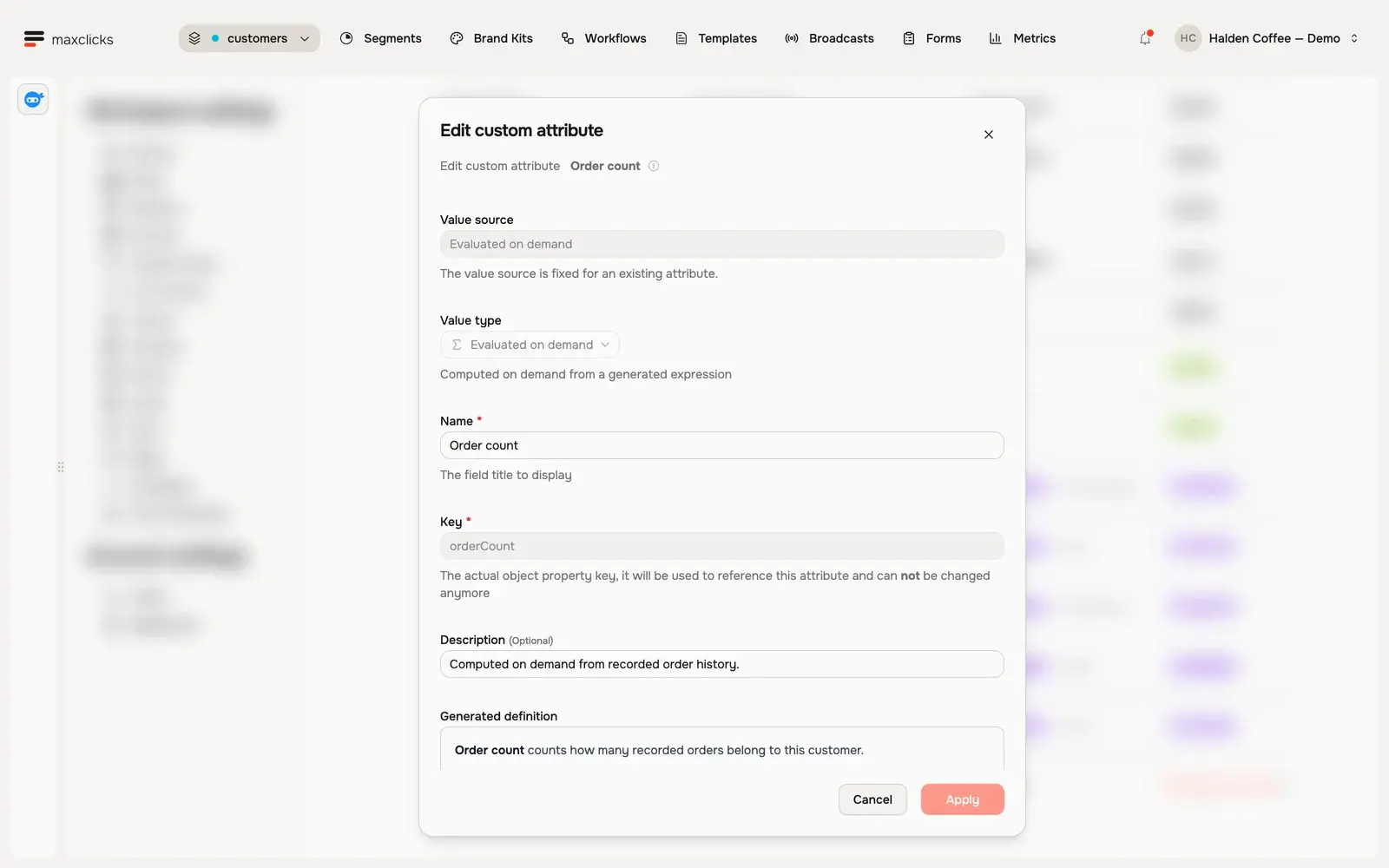 Order count attribute showing Evaluated on demand and the generated definition counting recorded customer orders