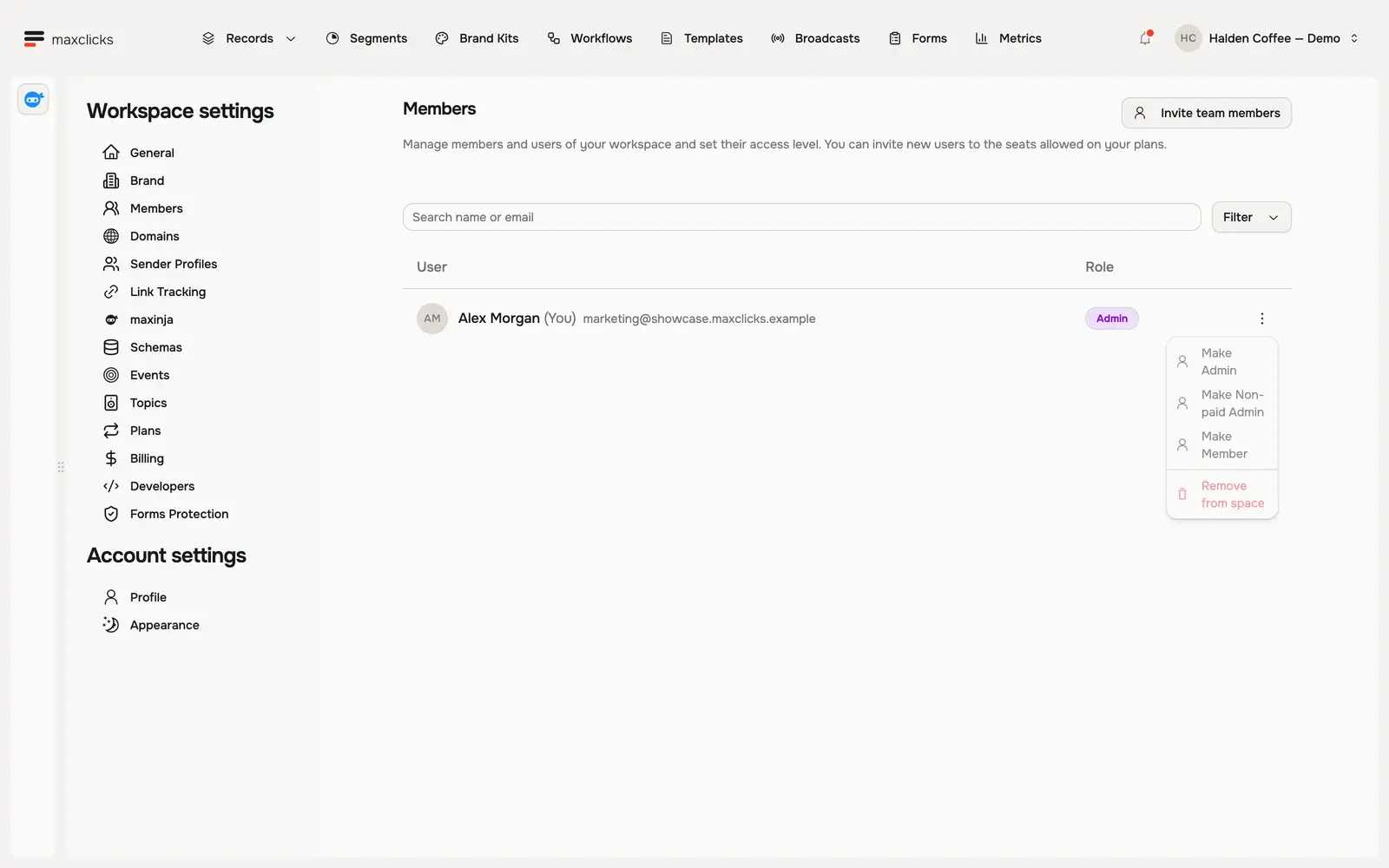 Member actions menu for the demo administrator with role-change and removal actions disabled