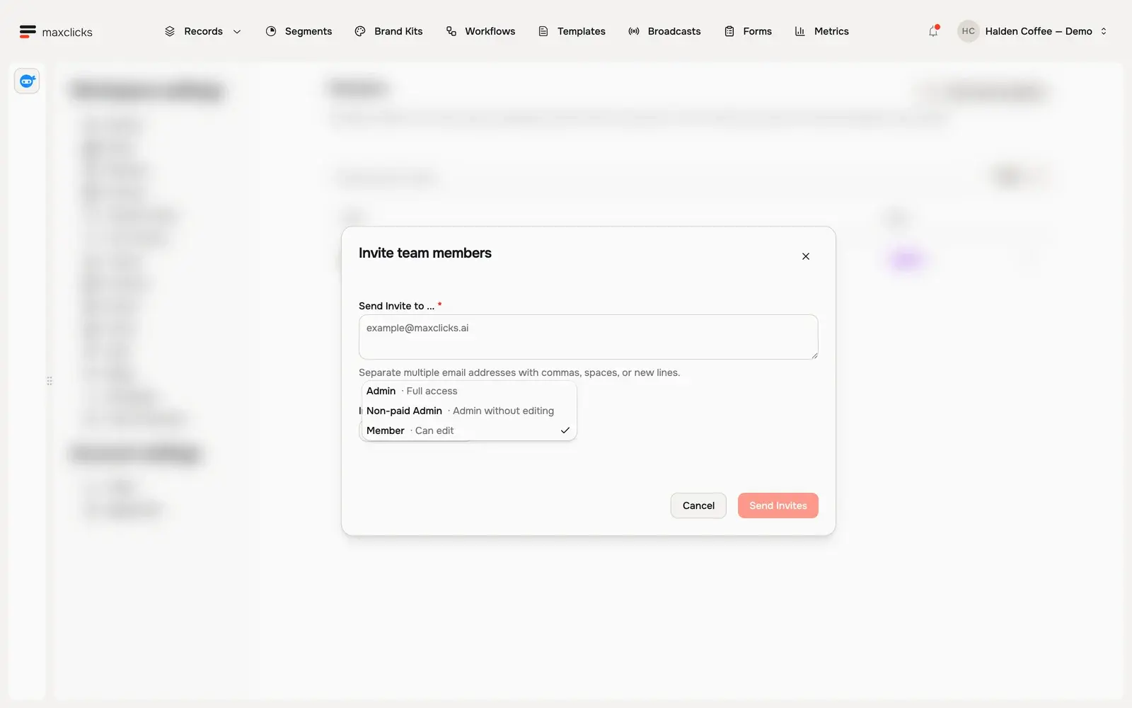 Invite team members pane with Admin, Non-paid Admin and Member roles