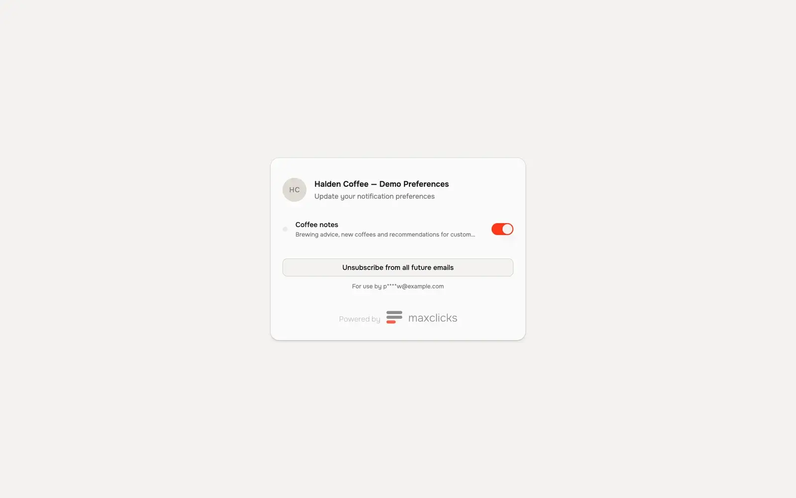 Hosted preference-center preview with Coffee notes toggle and global unsubscribe action