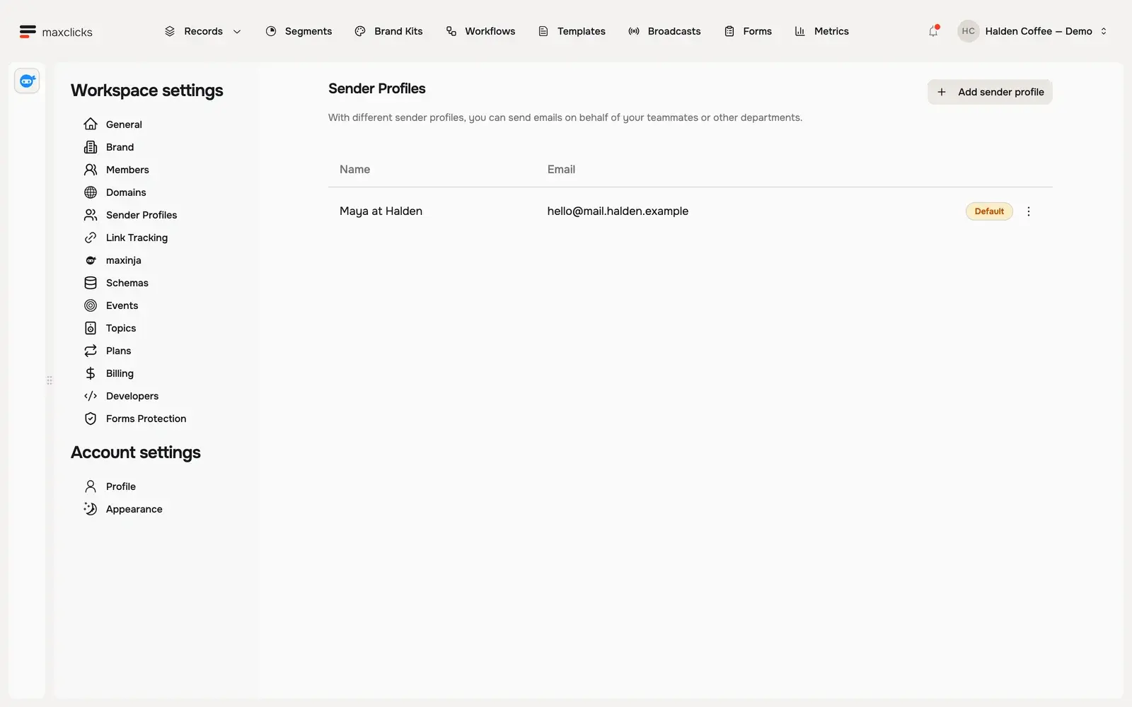 Sender Profiles list with Maya at Halden as the default