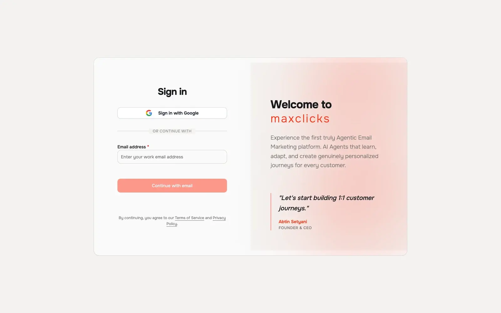 The actual maxclicks sign-in page with Google and work-email options