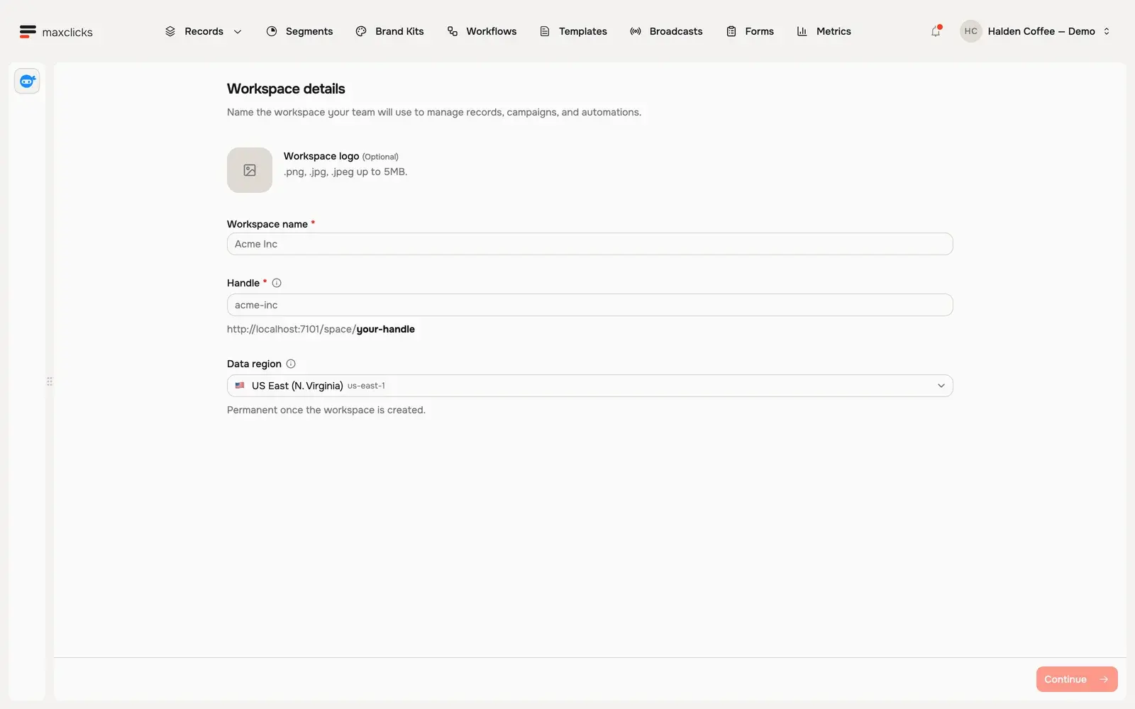 Workspace details form with name, handle, optional logo and permanent data-region selection