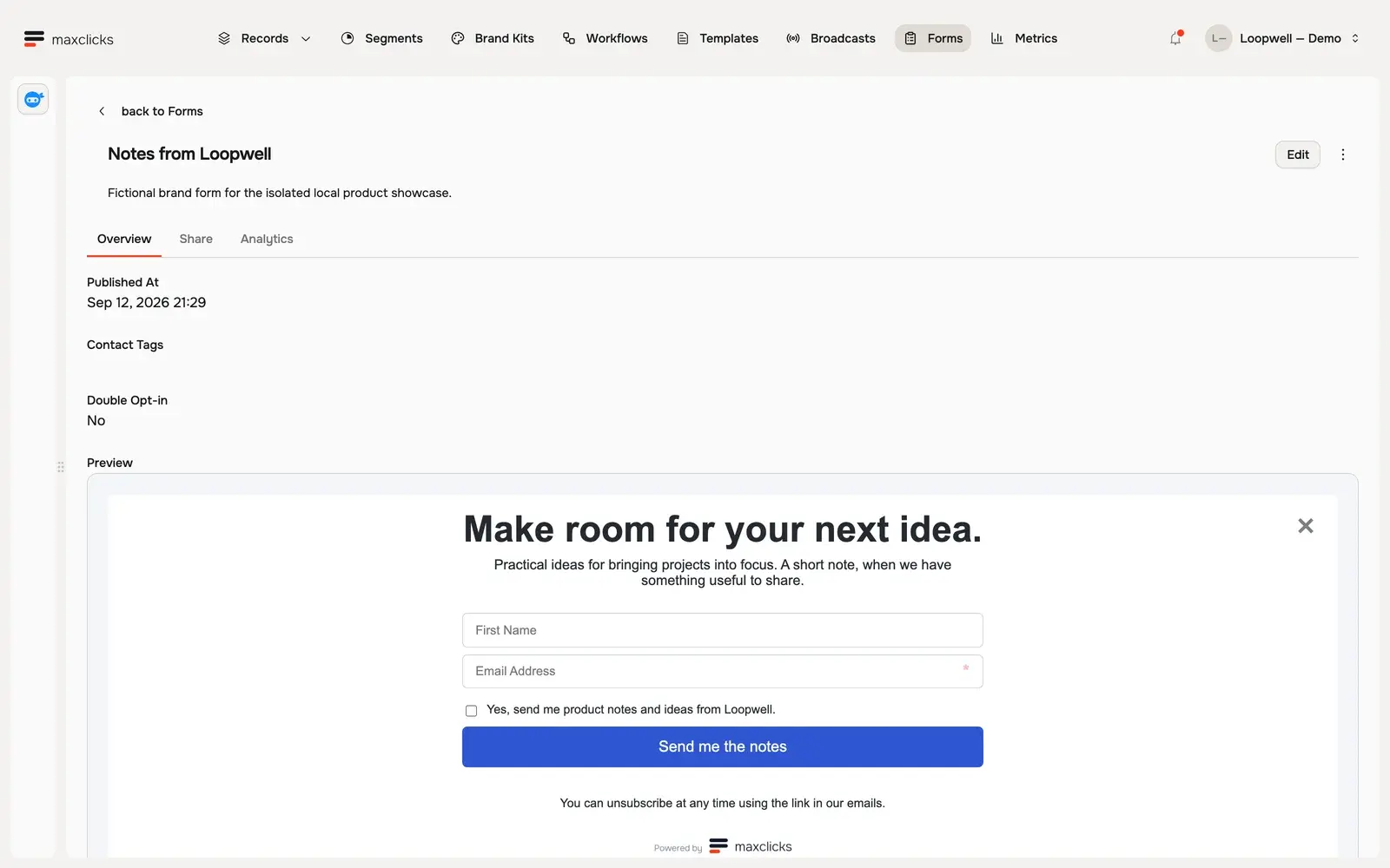 Published Loopwell form overview showing publication time, double opt-in off and actual preview