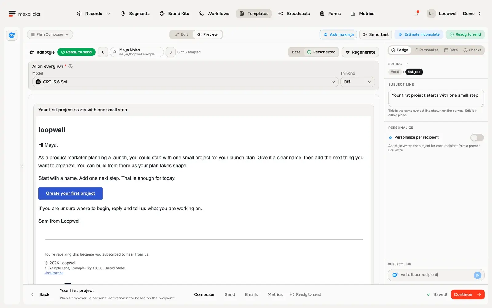 Actual Loopwell Adaptyle preview for Maya Nolan with role-specific project guidance and a fixed call to action